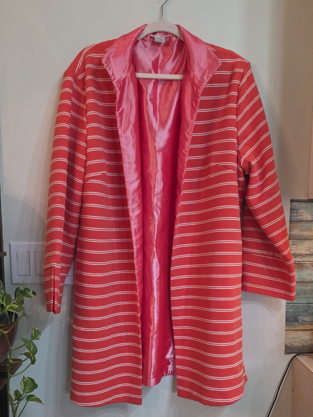 Coral Striped Open-Front Trench Coat with Satin Lining